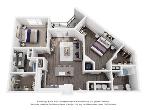 The Atlantic | Glenn Perimeter A 3D floor plan of a house with a kitchen, living room, and bedrooms.